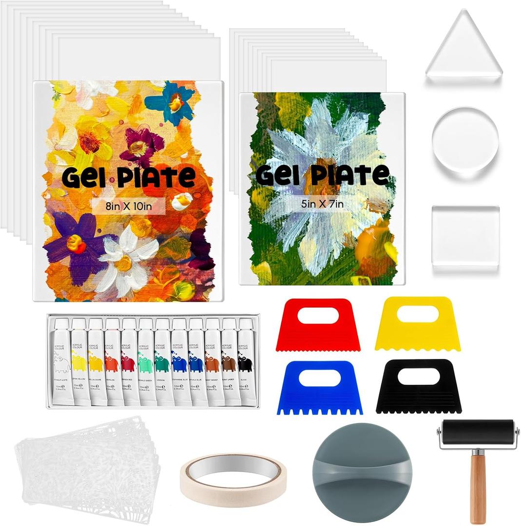 Faccito Gel Printing Plate Kit 8x10 & 5x7 Complete Beginner Gelli Plate Starter Set with Brayer, Paint & Tools Gel Print Kit for Card Making, Scrapbook & Mixed Media Art