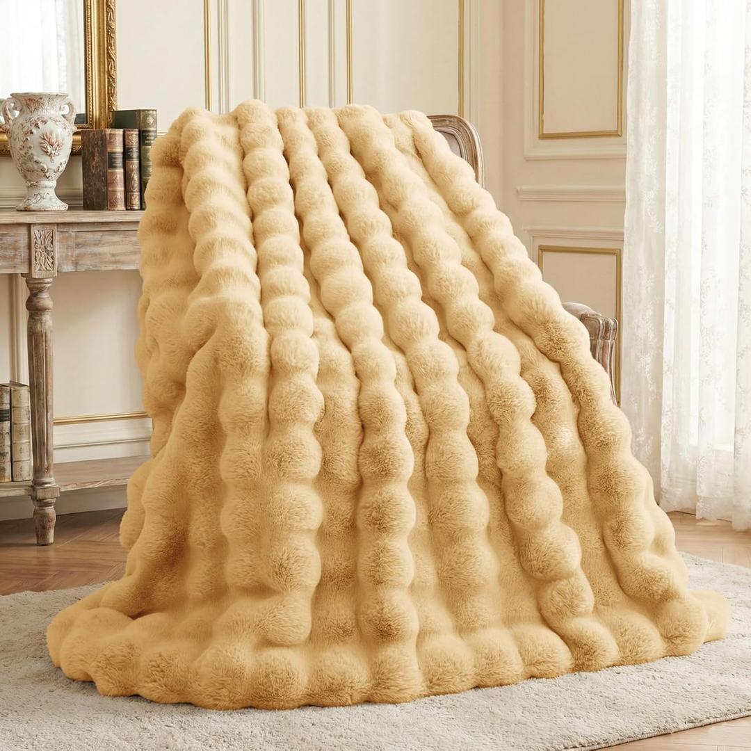 L'AGRATY Faux Rabbit Fur Blanket: 50" x 60" Luxury Soft Fluffy Thick Fur Throw Blanket for Couch Bed - Cozy Plush Bubble Blankets for Winter: Warm Flannel Fleece Decorative Blanket (Milk Tea Brown)