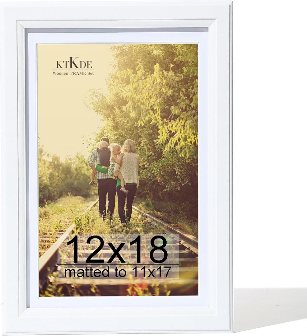 KTKDE 12x18 Wooden Picture Frame,Display Pictures 11x17 with Mat or 12x18 Without, Tempered Glass, 18 by 12 White Frame Wall Gallery Photo Frames Poster Frame best gift