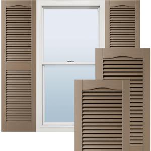 12"W x 34"H Lifetime Vinyl, Tailormade Cathedral Top Center Mullion, Open Louver Shutters, w/Shutter-Looks (Per Pair), 385 - French Roast