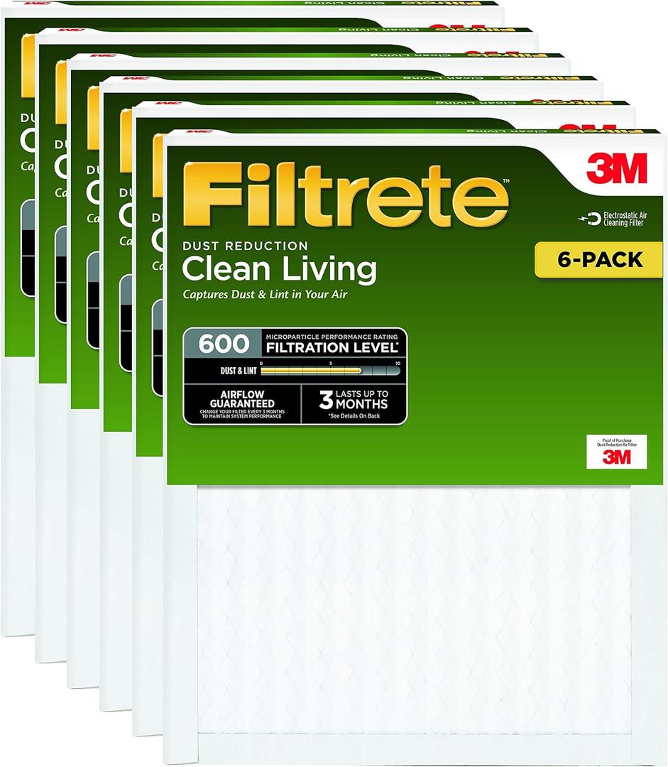 Filtrete DR04-6PK-2E Clean Living Dust Reduction AC Furnace Air Filter, MPR 600, 14 x 25 x 1-Inches, 6-Pack, 6 Count (Pack of 1), No Color