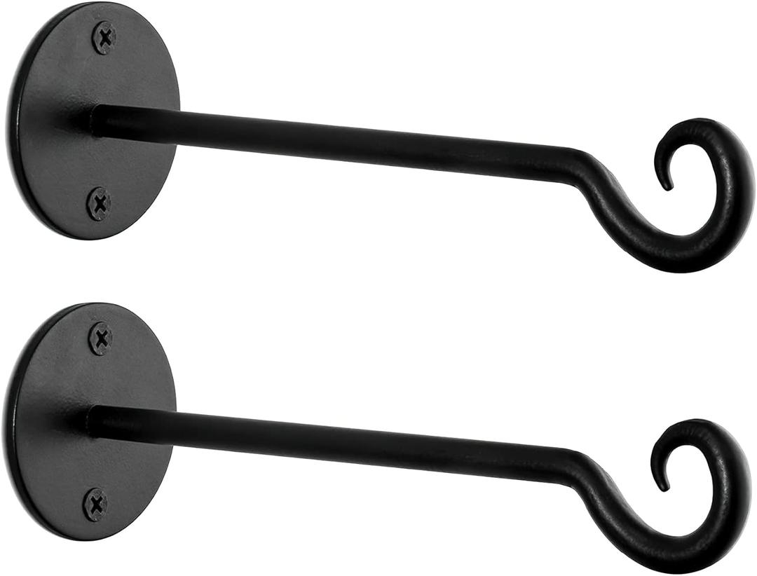 Monarch Abode Hanging Basket Hooks, Heavy Duty Metal Plant Hangers Outdoor or Indoor for Flower Basket, Wall Fence Hooks for Bird Feeder Bracket, Set of 2, 7.5-inch Black Plant Wall Hanger