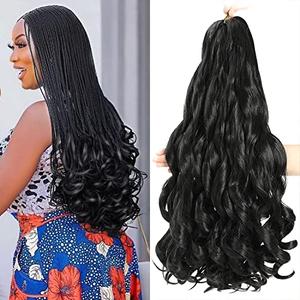 Conrora French Curly Braiding Hair 18 Inch 4 Packs Black Color - Pre Stretched Bouncy Braiding Hair- Loose Wavy Synthetic Hair Extensions For Black Women (18 inch 4packs 1B)
