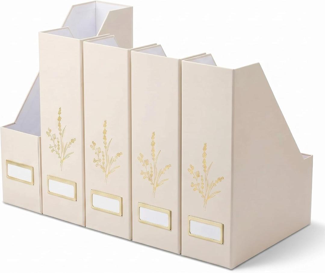 AmazingSpark 5 Pack Magazine File Holder Office Desk Storage Holder Set Vertical Desk Cardboard Organizer for Office Home Classroom Organize Your File Magazines Paperwork Books or Binders (Beige)