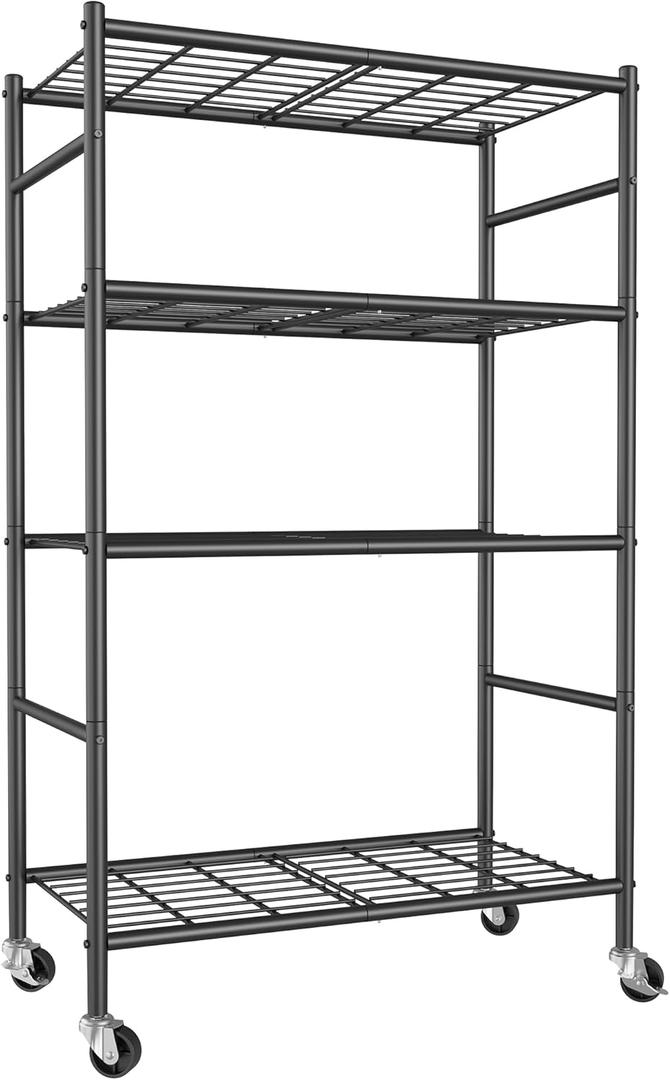 Sakugi Storage Shelves Organizer - 4 Tier Metal Shelf Organizer with Metal Wheels and Adjustable Leveling Feet, Heavy Duty Garage Shelving for Kitchen, Pantry and Closet, 33.1"x12.6"x59.4", Black