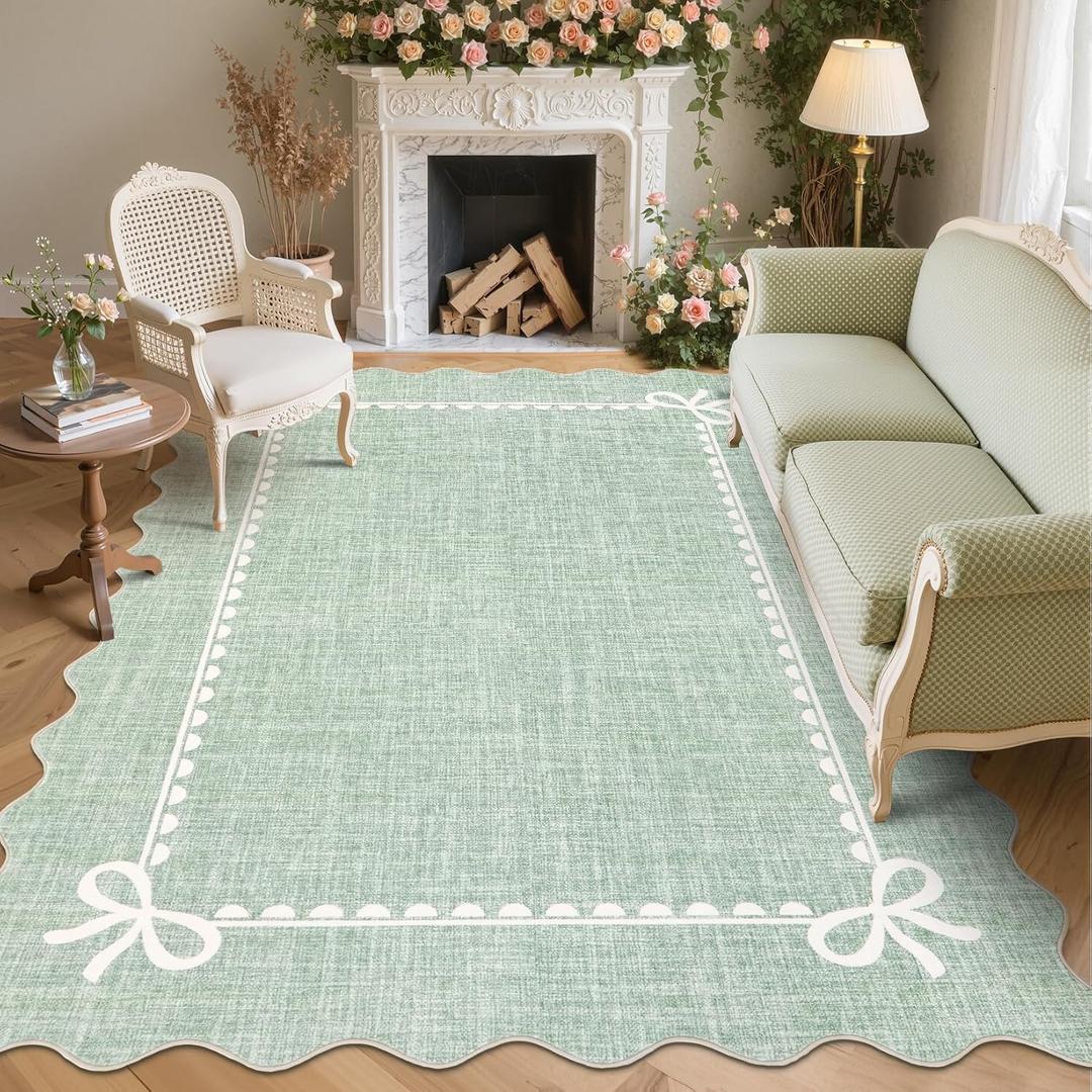 GarveeHome Scalloped Bow Rug 8x10 Washable Rugs for Living Room, Sage Green