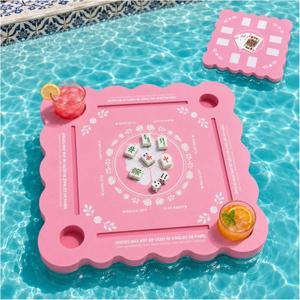 Floating Mahjong Table for Pool, 31.5-Inch Waterproof Double-Sided EVA Game Board with Cup Holders and Pink Hawaiian Wavy Edge for Parties and Game Nights