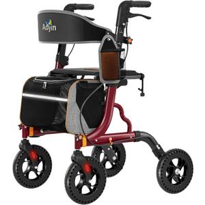 Aojin Rollator Walker for Seniors with Seat, Lightweight & Foldable, 8" All-Terrain Wheels, 18" Big Seat, 6-Level Adjustable Height Rolling Walker, 350 lb Capacity, Burgundy
