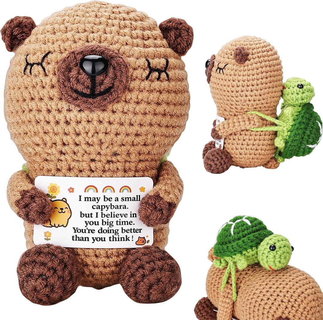 Fungi Fun Crochet Capybara Plush with Turtle  Emotional Plush with Motivational Card, Cute Capybara Crochet Doll Decor, Fun Gift for Women and Adults, Therapist Gifts, Positive Uplifting Gift
