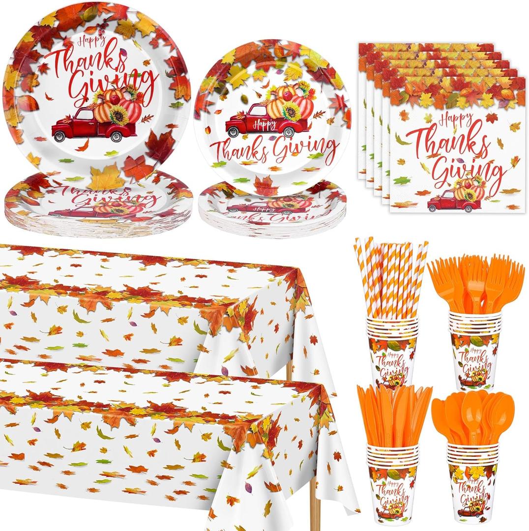 194 Pieces Thanksgiving Tableware Sets Serve 24 Guests Disposable Thanksgiving Plates Cups Napkins Tablecloths Cutlery Straws for Fall Theme Tableware Decorations Thanksgiving Party Supplies