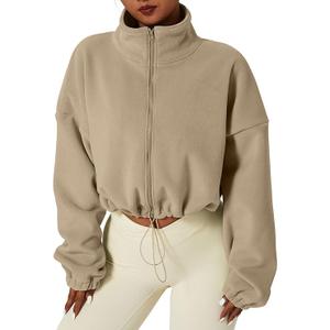 QINSEN Women's Full Zip Fleece Short Jacket Warm Winter Long Sleeve Stand Collar Sherpa Crop Coat, L