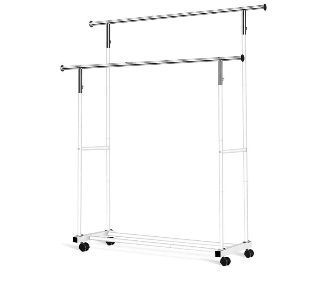 Double Clothing Rack, 55.51 Inch Garment Rack with Wheels and Bottom Shelf, 130LB Capacity Heavy Duty Rolling Clothes Racks for Hanging Clothes, Coats, Shirts, Sweaters, Skirts, White