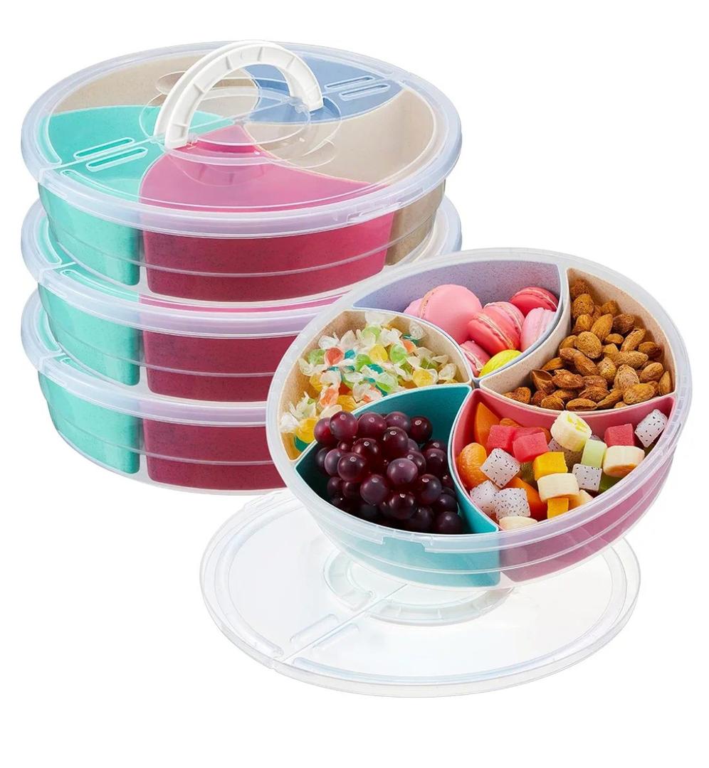 Mifoci 4 Pack Snack Tray with Lid and Handle Plastic Divided Serving Tray 5 Compartment Veggie Dried Fruit Snack Handheld Tray Platter Sealed Box Container for Home Party(Light Colors)