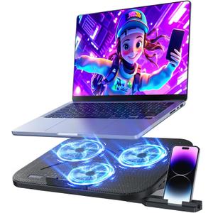 Laptop Cooling Pad with 3 Quiet Fans, 5-Level Height Adjustable Ergonomic Stand, 2 USB Ports & Phone Holder, Fits 12-17 Inch Laptops, Family-Friendly for Gaming/Work/Online Class