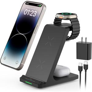 Wireless Charging Station, 3 in 1 Fast Wireless Charger Stand for Multiple Devices Apple Watch Ultra Series 11 10 9 8 7 6 SE 5 4 3 2, iPhone 17 16 15 14 13 12 11 Pro Max/ Plus/ Air/ X/ XS/ XR, Airpods Pro