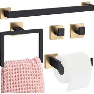 Gisafai 5 Pcs Black Gold Bathroom Hardware Accessories Set 23.6 Inch Bath Towel Bar Kit Stainless Steel Bathroom Hardware Set Towel Racks Ring Robe Hooks Paper Holder for Wall Mounted
