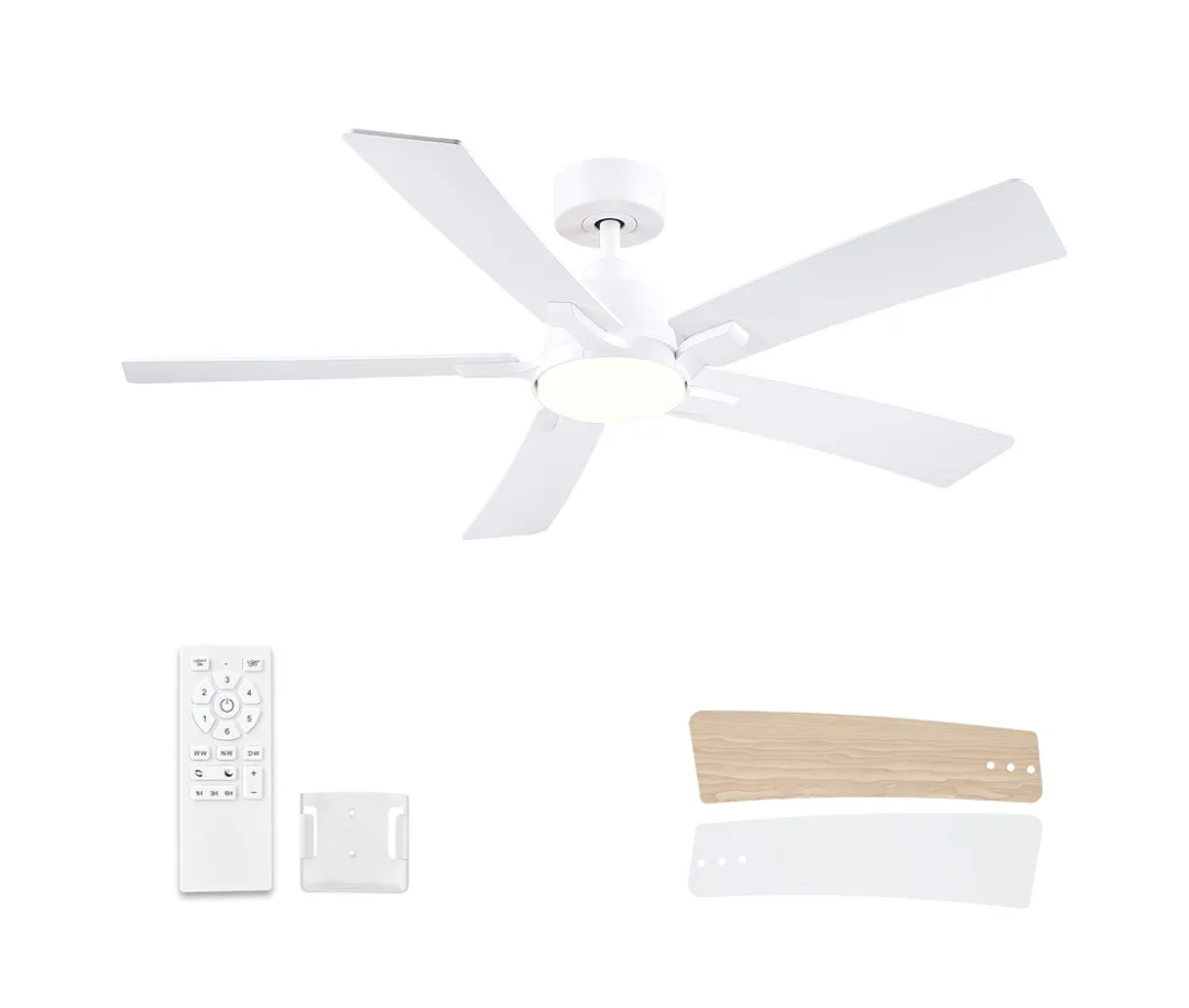 52 Inch Ceiling Fans with Lights and Remote, White Ceiling Fan, Downrod Style with 5 Blades, Modern Design For Indoor Bedroom Living Room/Outdoor, 6 Speed Reversible DC Motor, 3CCT Dimmable LED