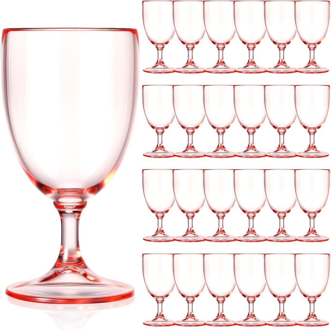 24 Packs Pink Plastic Wine Glasses 6.5 oz Plastic Goblets Elegant Style Tall Drinking Cups Set Reusable Champagne Cups for Wedding Reception Women Party Bar Supplies