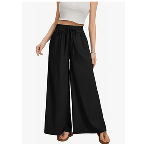 Pants Women Elastic Drawstring Waisted Palazzo Cropped Trousers Baggy Slacks with Pockets, Black , L