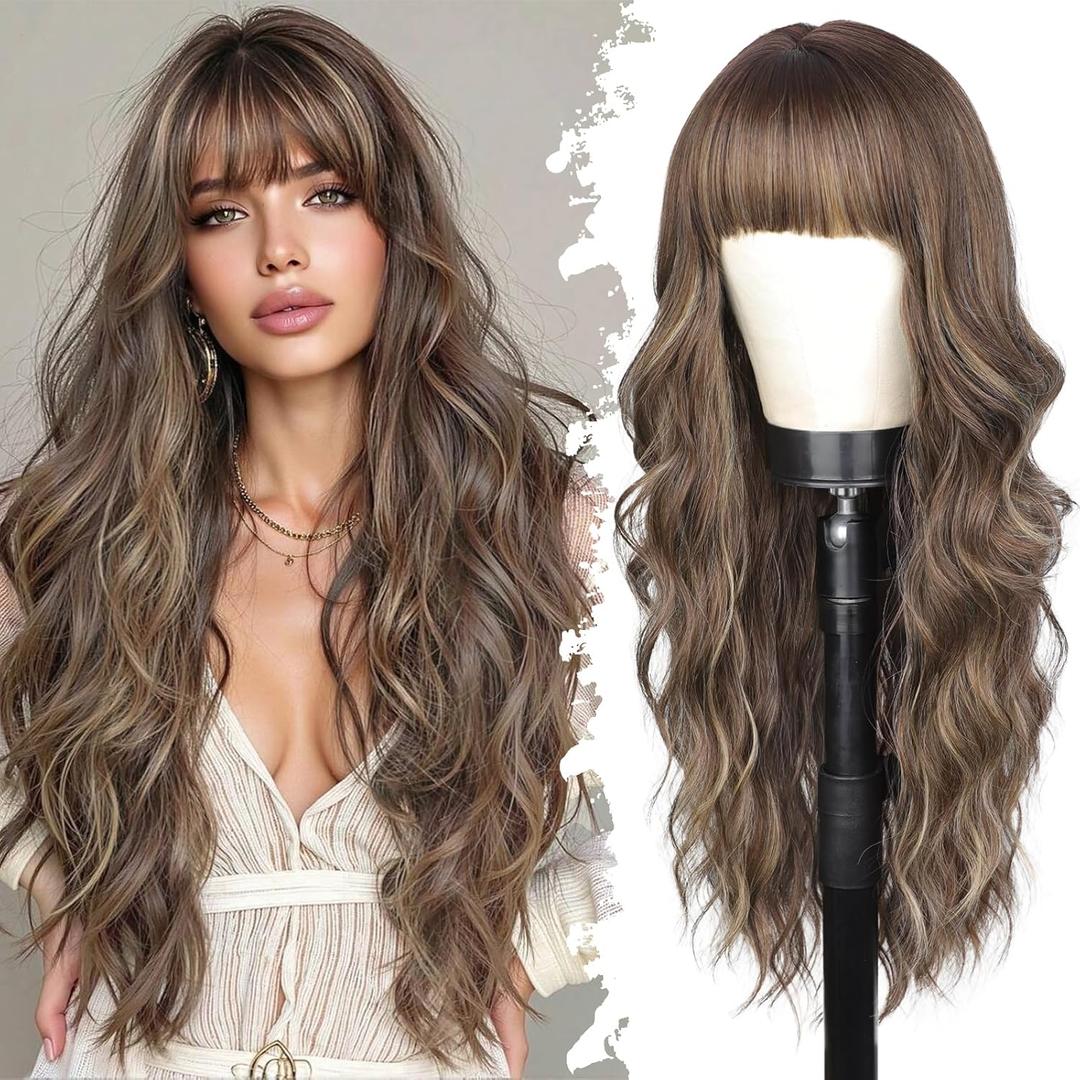 Lativ Brown Highlight Wig with Bangs for Women Long Brown Wavy Wigs Natural Looking Heat Resistant Synthetic Wig 26 Inch