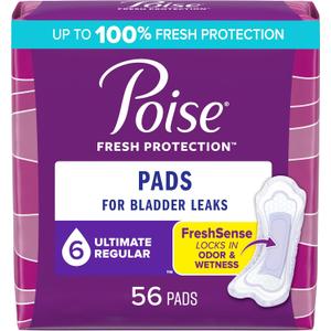 Poise Incontinence Pads and Postpartum Incontinence Pads, 6 Drop Ultimate Absorbency, Regular Length, 56 Count