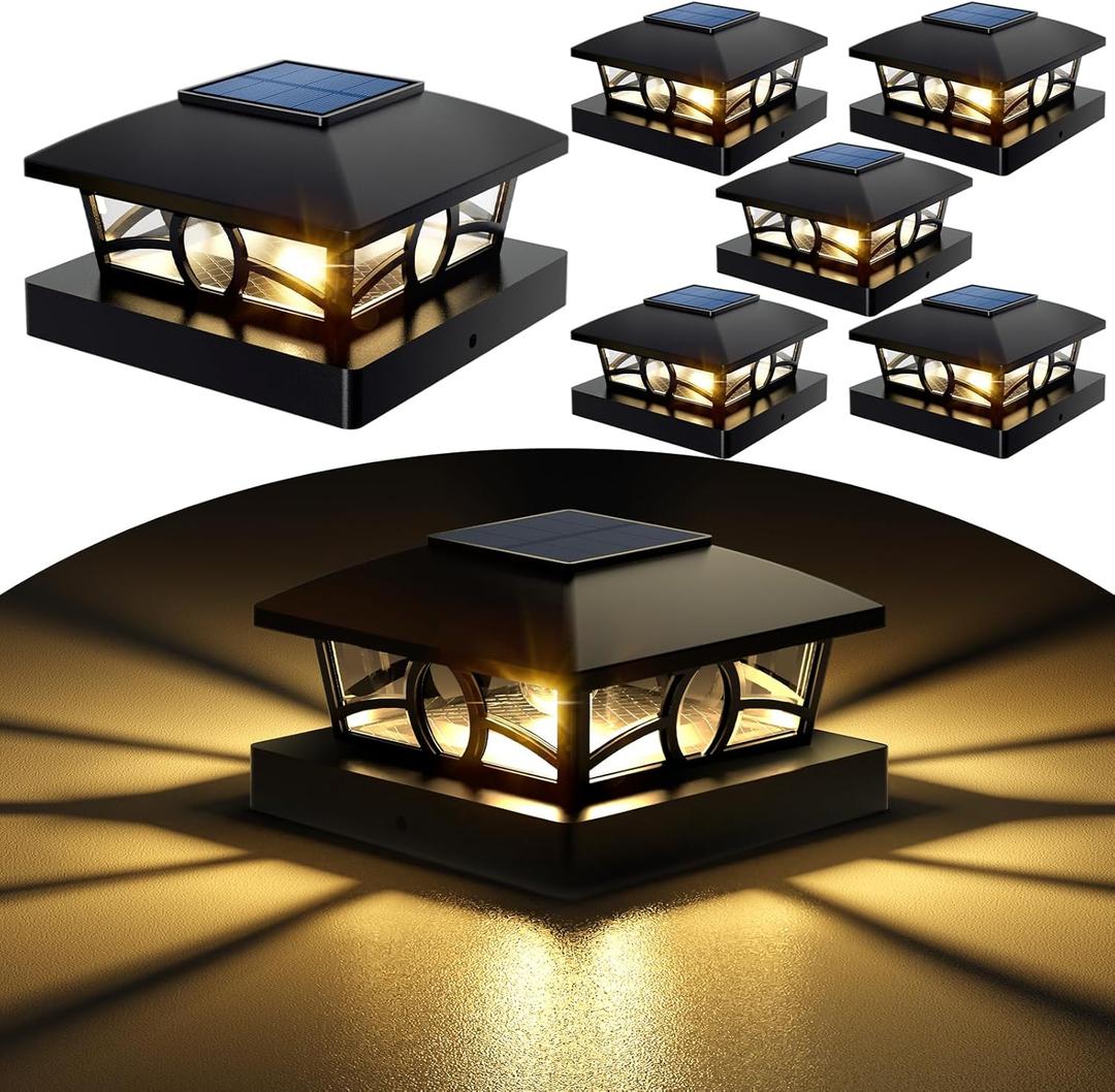 NIORSUN Solar Post Lights Outdoor, Fence Post Solar Lights Warm White Outdoor Waterproof Edison LED Bulbs Garden Patio Fence Deck Decor, 4x4 Wood Vinyl Post Cap Lights, Black 6 Pack