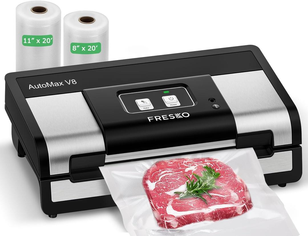 FRESKO Automatic Vacuum Sealer for Food, Hands-Free Operation, Seal 50 Bags in 20 min Ideal for Meal Prep & Bulk Food Storage, Powerful Suction, Built-in Cutter & 2 Roll Bags