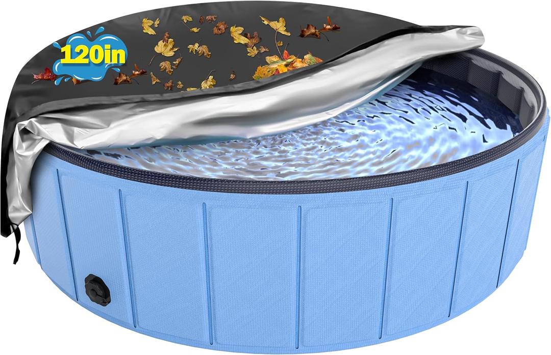 Extra Large Foldable Dog Pool Cover, Hyperzoo 120 Inch Waterproof Round Pet Pool Cover with Drawstring to Keep Leaves Out, Tear-Resistant Collapsible Dog Swimming Pool & Kiddie Pool Cover for Outdoor