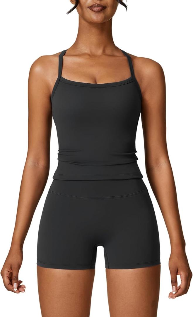 ABEHIK Two Piece Workout Sets for Women Sports Bra Tank Top High Waist Booty Lifting Shorts Gym Yoga Active Wear Outfits (Medium, Black)