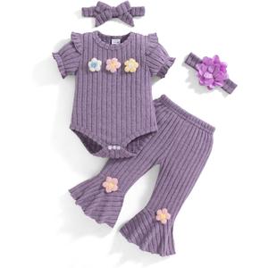 Vibebox Baby Girl Clothes Newborn Preemie Summer Outfits Short Sleeve Ruffle Romper Tops Bell Bottoms Pant Sets with Headband, 3-6 Months