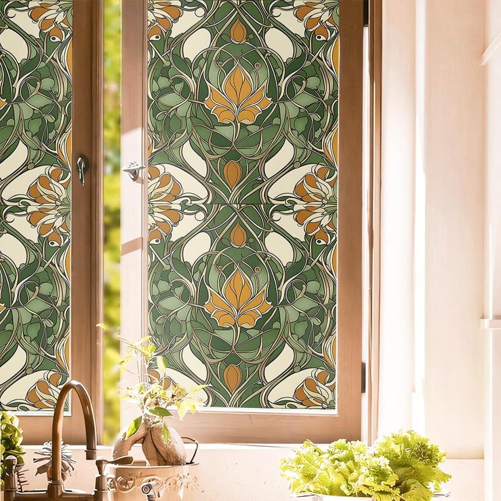 Vintage Dark Green Yellow Damask Leaf Stained Glass Window Films Decorative Double-Side Privacy Film Self-Adhesive Static Clings for Living Room Bathroom Glass Windows Decor