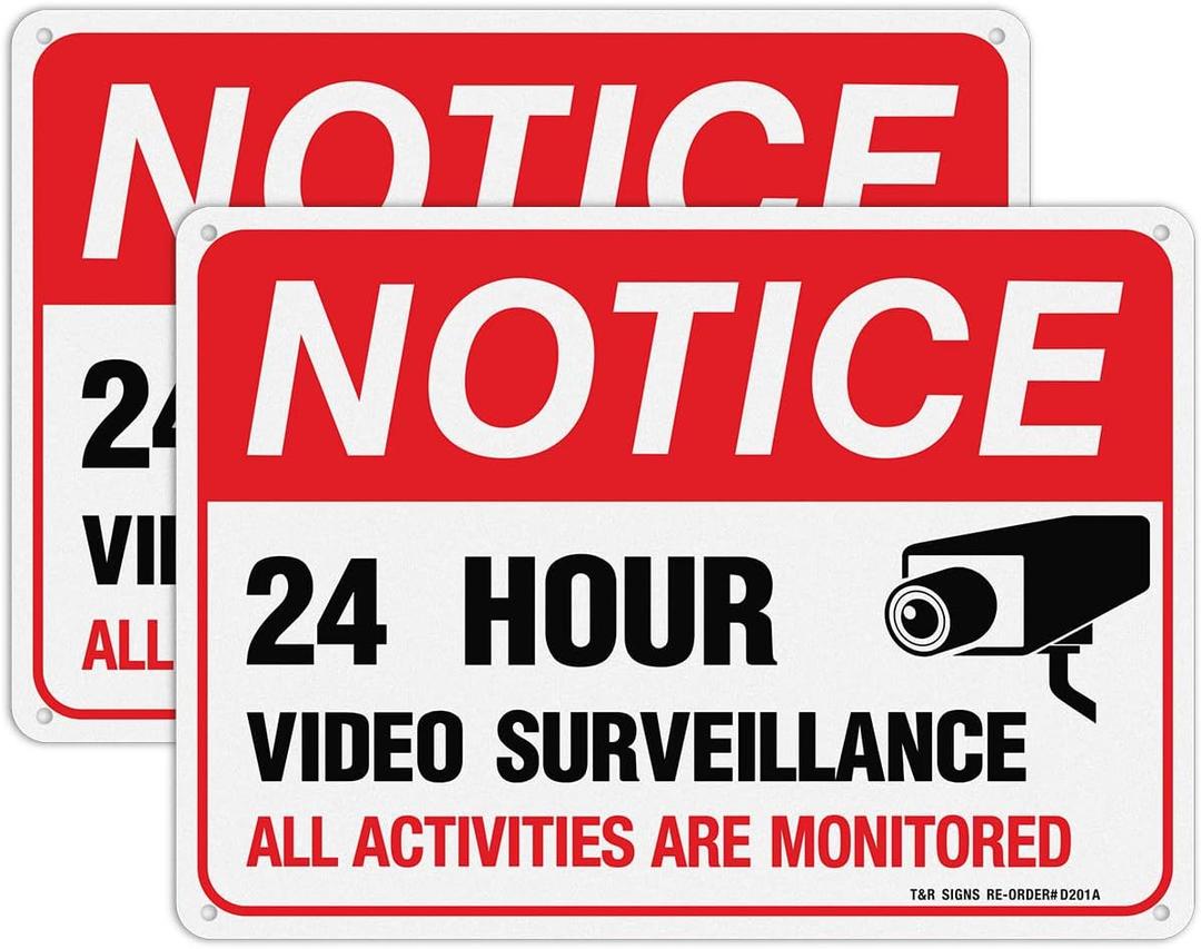 T&R Video Surveillance Sign, All Activities Are Monitored,2 Pack,7x10 Inches Rust Free .040 Aluminum Reflective,UV Protected, Waterproof, Weatherproof and Fade Resistant,4 Pre-drilled Holes,Red