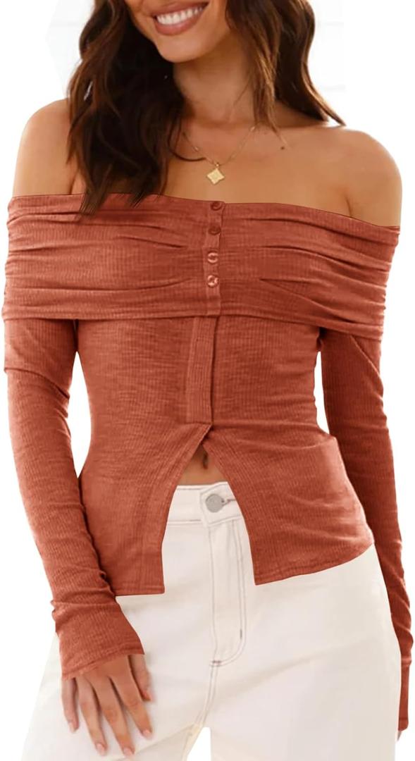 Cicy Bell Womens Off The Shoulder Tops Cute Long Sleeve Slim Fit Ribbed Ruched Shirt 2024 Fall Y2k Clothes (Large, Brick Red)