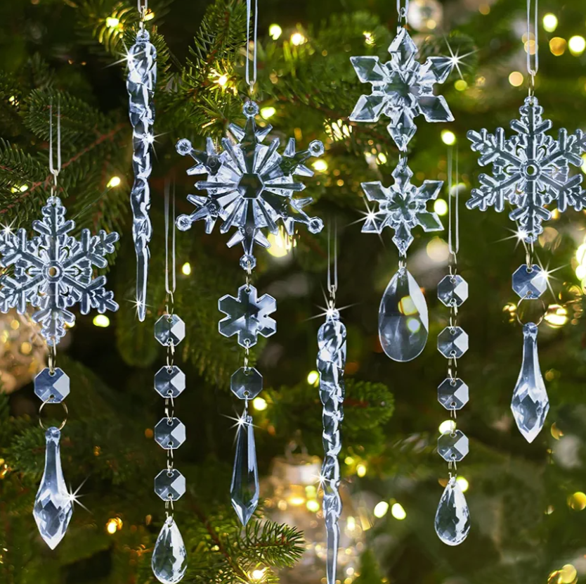 18pcs Crystal Christmas Ornaments for Christmas Tree Decorations- Light Blue Hanging Acrylic Snowflake and Icicle Ornaments with Drop Pendants for New Year Party Decorations Supplies
