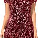 MANER Women's Sequin Glitter Short Sleeve Dress Sexy V Neck Mini Party Club Bodycon Dresses (Red)