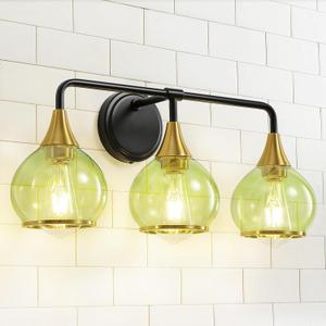 Black and Gold Bathroom Vanity Light 3-Lights Bathroom Light Fixtures Over Mirror with Green Clear Glass Shade 22.4 inch Wall Sconce Lighting Bath(Exclude E26 Bulb)