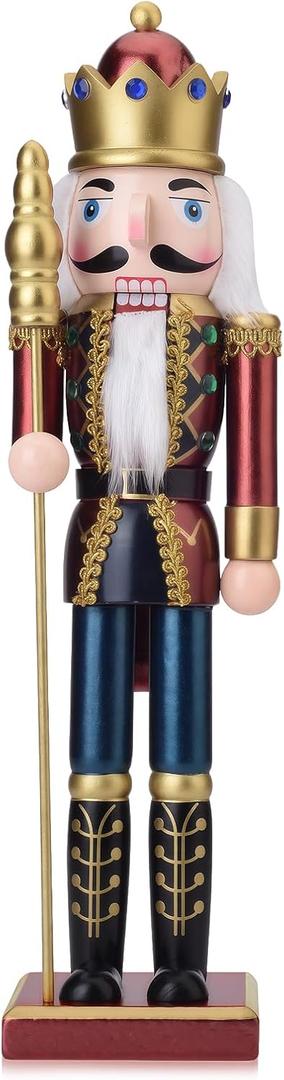 King Nutcracker Figures, 15 Inch Wooden Christmas Nutcracker with Scepter Ornaments, Nutcracker Xmas Decorations for Shelves and Tables