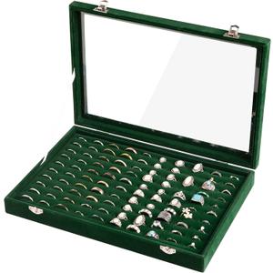 Frebeauty Ring Organizer Tray 100 Slots Ring Holder with Clear Lid Velvet Storage Box Jewelry Tray for Jewelry Store Earring Display Case for Jewelry Show Studs Box for Women(Blackish Green)