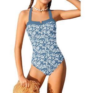 Shallmu Girls One Piece Swimsuits Color Block Dual Crossback Straps with Cover Up Skirt Girl's Swimwear 9-16Y (11-12 Years, Blue Floral)