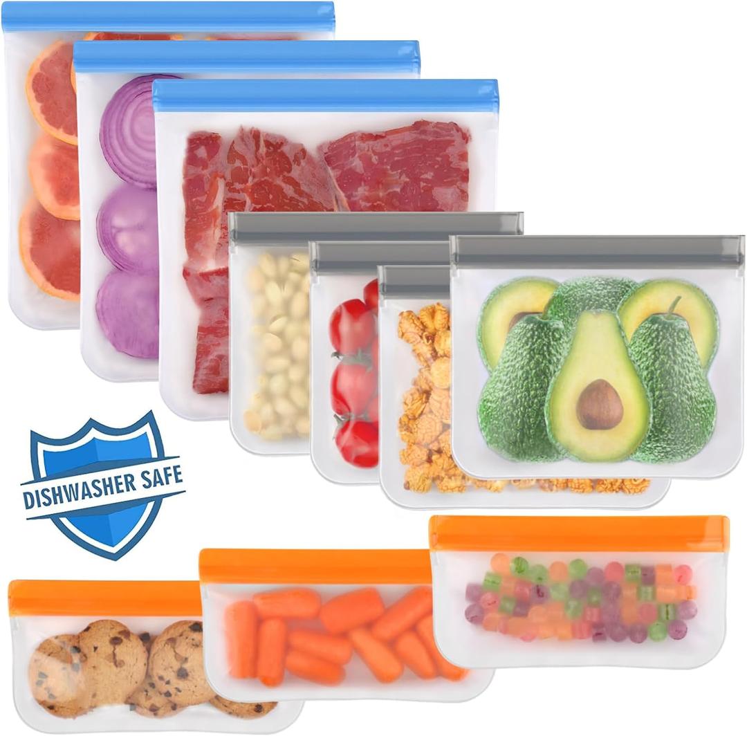 Lerine 10 Pack Dishwasher Safe Reusable Bags, Leakproof Reusable Freezer Bags, BPA Free Food Storage Bags for Marinate Food Travel - 3 Gallon 4 Sandwich 3 Snack (Multicolor)