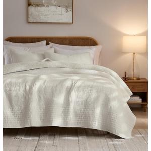 palassio Striped Beige 100% Cotton Quilt California Cal King Size Bedding Sets, Oversized Lightweight Channel Pick Stitch Textured Bedspread Soft Farmhouse Country Coverlet for All Season, 2 Shams