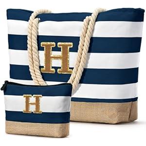 Becokan Beach Bag Initial Beach Tote with Makeup Bag for Travel Work Storage Personalized Birthday Gifts for Women Her