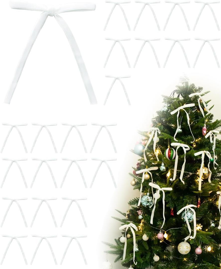 2 x Velvet Christmas Tree Bows  24 Pcs Holiday Bows (3/8" Wide, 5x7) with Star Clips  Easy Hanging for Tree, Wreath, Gifts & Dcor (White)