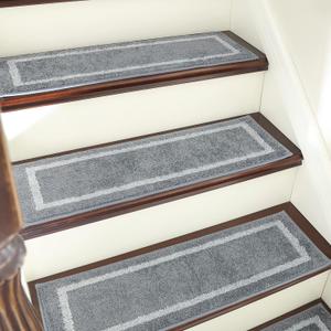 COSY HOMEER Soft Stair Treads 15pcs Non-Slip Carpet Mat 28inX9in Indoor Stair Runners for Wooden Steps,Stair Rugs for Kids and Dogs, 100% Polyester TPE Backing Grey