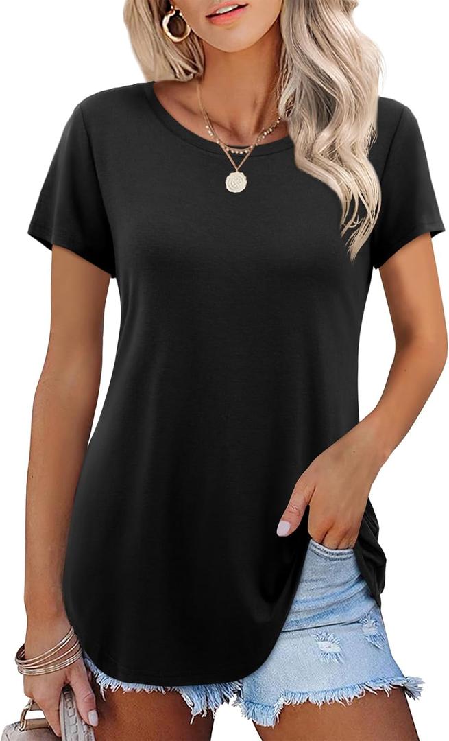 Amoretu Short Sleeve Tunic Tops Loose Fit for Women Crew Neck Tunic Tshirt (Black, M)
