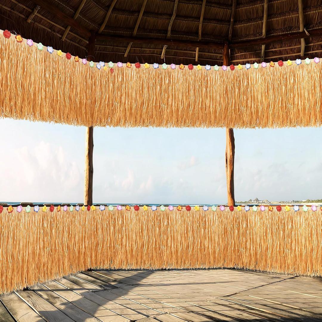 Fovths 4 Pieces Luau Grass Table Skirt Each 36 feet x 29.5 inch Fringe Banner Grass Skirt Natural Hawaiian Straw Grass Decor for Tiki Bar Roof Summer Beach Tropical Party Decorations, Dark Yellow
