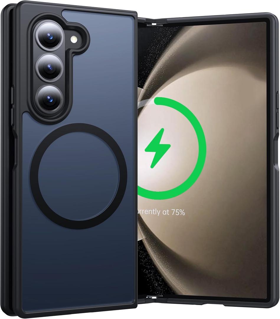 NO.1 Magnetic for Samsung Galaxy Z Fold 5 Case Compatible with MagSafe [Military Shockproof][Translucent Matte][Anti-Fingerprint] Slim Soft Silicone Bumper for Fold 5 Case,Space Black