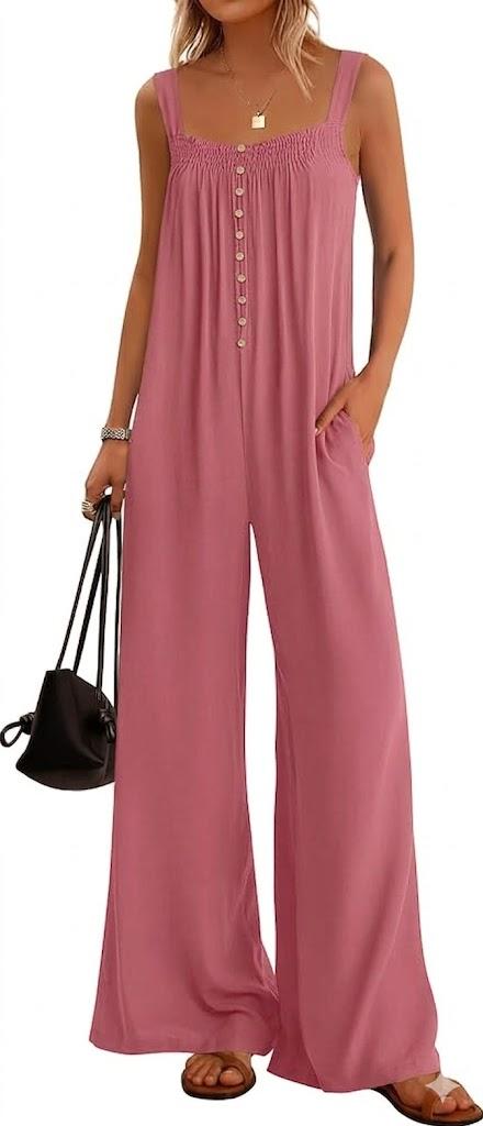 KIRUNDO Summer One piece Jumpsuits for Women 2025 Casual Loose Button Sleeveless Romper Knit Wide Leg Overalls With Pockets Color pink Size XXL