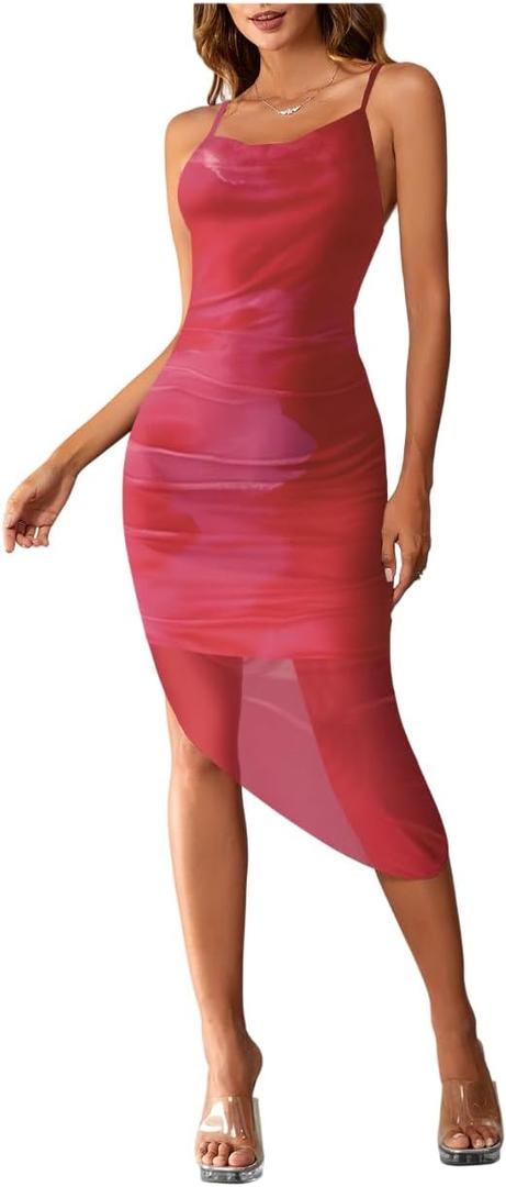 SOLY HUX Women's Tie Dye Cowl Neck Split Hem Bodycon Cami Dress Backless Long Dresses (L)