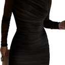 GOKATOSAU Women's Sexy Round Neck Mesh Long Sleeve Full Ruched Bodycon Mini Dress, L, Black